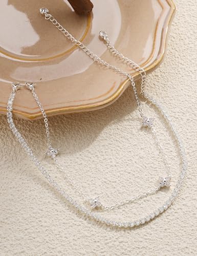 RLMOON Gold Silver Anklets for Women Waterproof CZ Ankle Bracelets | 14K Gold Plated Layered Stackable Clover Butterfly Tennis Chain Anklet Non Tarnish Trendy Summer Beach Foot Jewelry - color: Silver