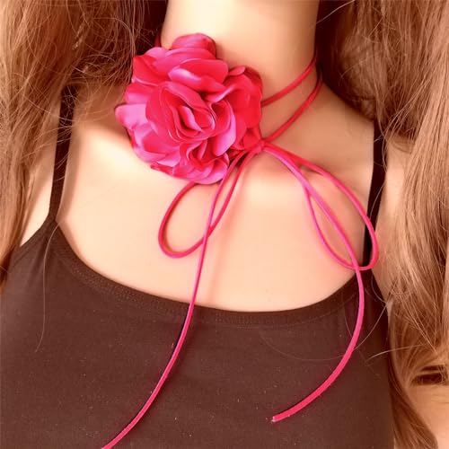 Pink Flower Choker for Women, Flower Necklace Big Camellia Lace Collar Necklace Valentines Christmas Wedding Party Jewerly - Hot Pink