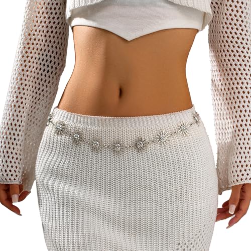 Metal Sunflower Waist Chain Belt Bikini Sun Waist Chains Jewelry Summer Beach Waist Belly Chain Adjustable Body Link Belt for Women - color: Silver