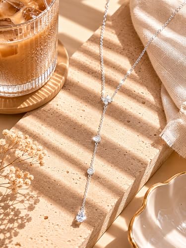 14K Gold Plated Layered Lariat Necklace for Women - Waterproof Non-Tarnish Dainty Gold Chain Necklace, Long Boho Statement Jewelry for Wedding, Prom, Summer Vacation Gifts - color: Four CZ Y Necklace-Silver