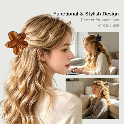 6 Pack Flower Hair Claw Clips for Women Hawaiian Plumeria Claw Clip (Brown) | Strong Hold Nonslip Large Hair Clip for Beach Holiday Thick Thin Hair Accessories - color: Brown