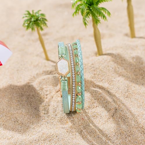 FANCY SHINY Crystal Beaded Leather Wrap Bracelet Stackable Boho Jewelry for Women Resin Stone Bangle Cuff with Magnetic Clasp - color: Green