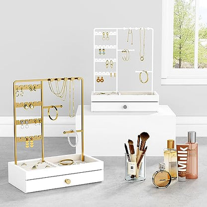 Goozii Gold Jewelry Stand Organizer Necklace Holder, Birthday Gifts for Women Girls, Small Jewelry Stand for Earrings Rings Bracelets, Velvet Jewelry Hanger Tree, Mothers Day Gifts - White and Gold - color: White and Gold