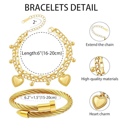 2PCS 18K Gold Plated Nail Bangle & Chain Bracelet Set for Women, Adjustable Stackable Bangle Jewelry, Dainty Gold Bracelet Gift for Women - color: Set F