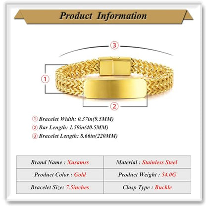 Xusamss Mens Cuban Link Bracelet Stainless Steel Double Layer Chain Jewelry Heavy Blank Bar Design Link Bracelet for Men - color: Gold