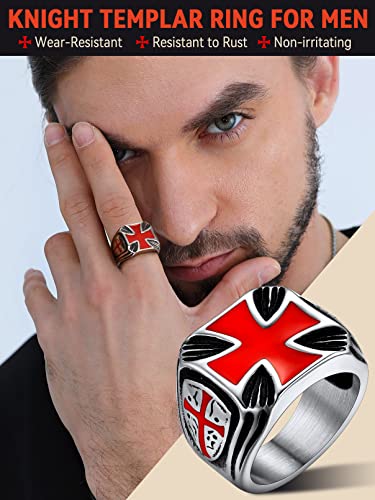 FaithHeart Mens Stainless Steel Crusader Jerusalem Cross Ring with 18K Gold Plated Two Tone Ring Size 7,8,9,10,11,12 - color: 07. Shield Cross-Silver(Custom)