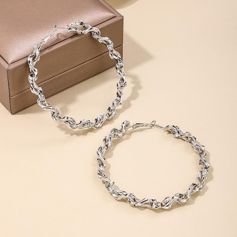 Twisted Rope Hoop Earrings for Women Chunky Big Large Hoop Earrings Minimalist Round Circle Huggie Hoops Earrings Gift - color: silver