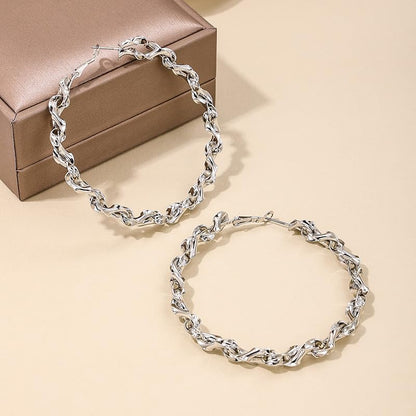 Twisted Rope Hoop Earrings for Women Chunky Big Large Hoop Earrings Minimalist Round Circle Huggie Hoops Earrings Gift - color: silver