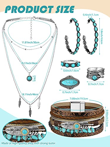Ecally Bohemian Western Jewelry Turquoise Set Women Country Pendant Long Choker Layered Bracelets Earrings Ring for Women - color: Turquoise, style: Boho