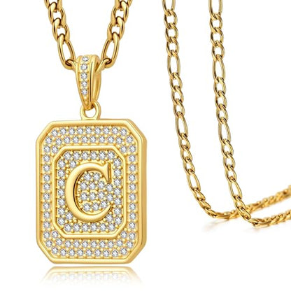 Initial Letter Pendant Necklace for Men Women, 14K/18K Gold A-Z | Square Monogram Pendant Jewelry Waterproof and colorfast with Figaro Chain, Gifts for Women Men - style: 18K Gold C