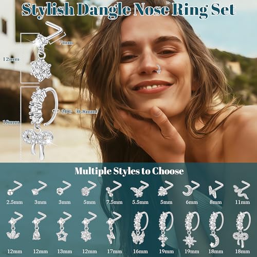 REVOLIA 20PCS 20G Dangle Nose Rings for Women Surgical Steel Dangling Nose Rings L Shaped Nose Studs Hoops CZ Flower Butterfly Heart Nose Piercing Jewelry - color: Silver