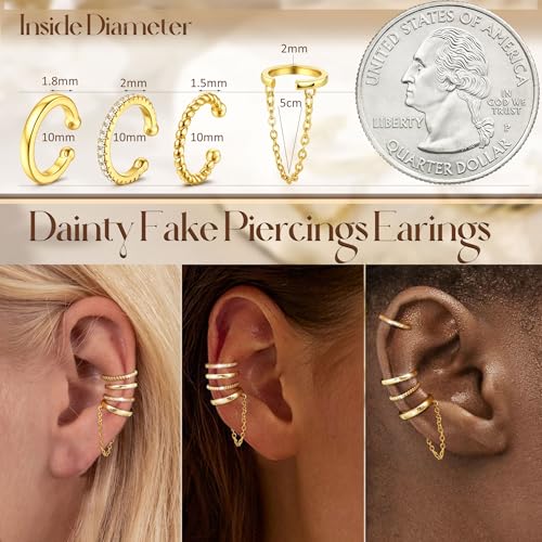 Florideco 4Pcs Ear Cuffs Non-Piercing for Women Dainty 14K Gold Plated Clip On Cartilage Earrings Hypoallergenic Huggie Hoop Cuffs Fake Earings for Non Pierced Ears - color: Classic-14K Gold Plated