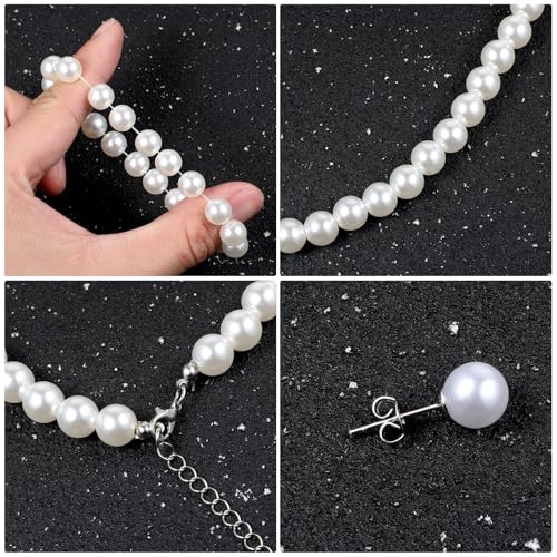 Pearl Necklace Set for Women, 8mm Women Faux Pearl Necklace Bracelet 4-Piece Pearl-necklace and Earring Set Includes Bracelet & Stud Earrings for Brides Bridesmaid Wedding Party