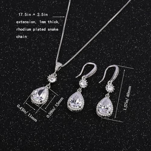 Elegant Jewelry Set for Women Silver Teardrop CZ Drop Earrings and Necklace | Square Teardrop Cubic Zirconia Rhinestone Jewelry Sets Bridal Jewelry Sets for Wedding Bride Bridesmaids Mother of Bride - style: Angle Tears