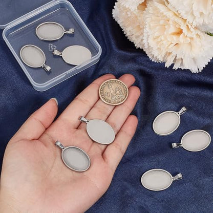 1 Box 10Pcs Oval Pendant Trays Stainless Steel Cabochon Blanks Silver 18 x 25mm Cameo Memorial Photo Charm Blank Cabochons Bezel Base Settings for Jewelry Making DIY Resin Craft Findings - style: silver oval