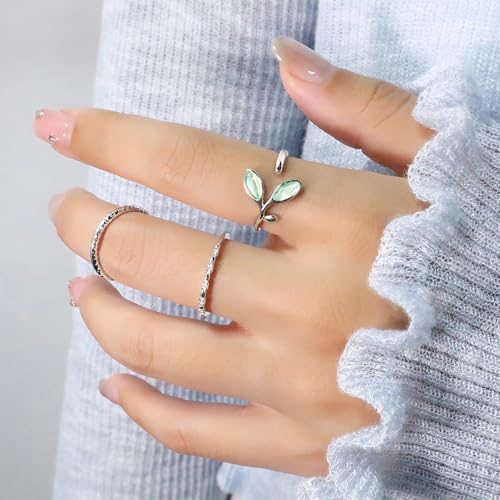 Adjustable Leaf Stackable Rings for Women Cubic Zirconia Stones Blue Leaves Purple Flower Open Band Stacking Finger Sliver Rings Fashion Plant Floral Aesthetic CZ Jewelry - color: stone leaf