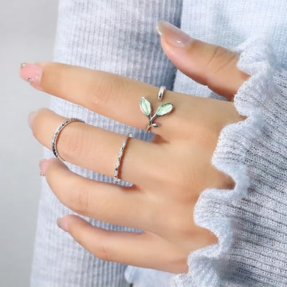 Adjustable Leaf Stackable Rings for Women Cubic Zirconia Stones Blue Leaves Purple Flower Open Band Stacking Finger Sliver Rings Fashion Plant Floral Aesthetic CZ Jewelry - color: stone leaf