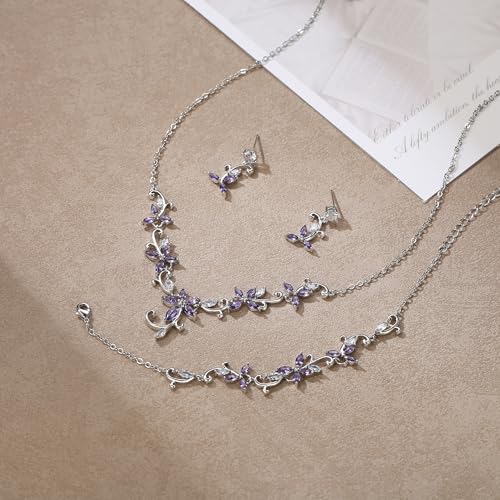 Crysdue Flower Leaf Wedding Jewelry Set for Bridal Bridemaid, Cubic Zirconia Teardrop Elegant Silver/14K/Rose Gold Plated Vine Necklace Dangle Earrings for Prom Party - style: B_Three Set Purple