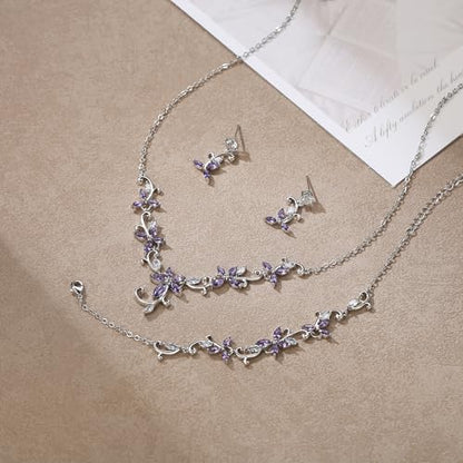 Crysdue Flower Leaf Wedding Jewelry Set for Bridal Bridemaid, Cubic Zirconia Teardrop Elegant Silver/14K/Rose Gold Plated Vine Necklace Dangle Earrings for Prom Party - style: B_Three Set Purple