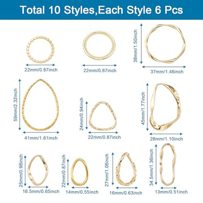 Elecrelive 54Pcs Golden Hollow Frame Pendants Twist Linking Rings 9 Styles | Open Bezel Charm Connectors Earring Beading Hoop Stainless Steel Link Ring for Earrings Bracelet Necklace Macrame Making - color: Golden 10 Styles