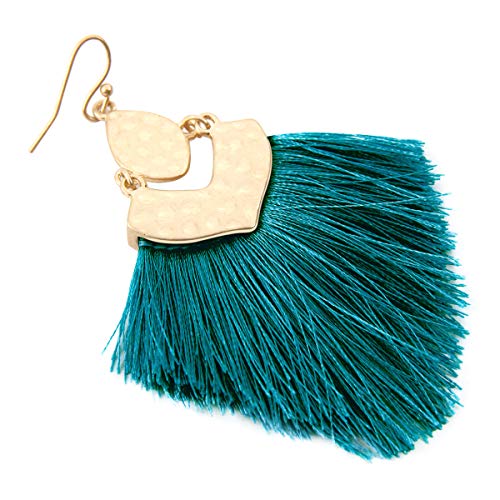 Bohemian Thread Tassel Drop Earrings - Geometric Petal Fan Fringe Feather Statement Chandelier Duster Dangles - color: Boho Tassel Chandelier - Teal