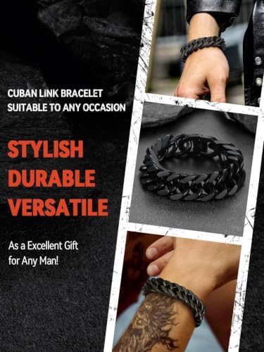 FaithHeart Mens Stainless Steel Cuban Link Bracelet, Tarnish Resistant | 6/8/12/17mm Silver/Black/Gold Sturdy Hip Hop Wrist Chain Bracelets Daily Wear with Gift Box, 7.5"/8.3"/9.1" Length - color: Black-17mm Width, size: Length 7.5 Inches