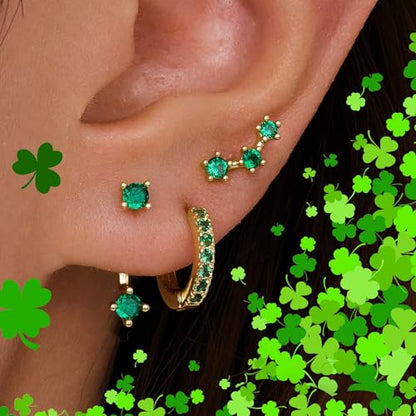 3 Pairs Dainty Small Earrings Set for Women Trendy, Birthstone Stud Huggie Hoop Jacket Stack for Cartilage Helix, Gold Plated Hypoallergenic Cute Women Fashion Accessories Western Jewelry Gifts - color: 05Green Created Emerald-May (Gold)