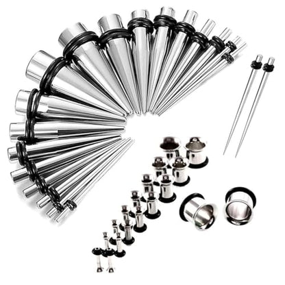 16G-00G Surgical Steel Ear Stretching Kit 38Pcs Ear Plugs Tunnels and Taper Set Gauges Set Expander - color: Silver 16G-00G(38Pcs)