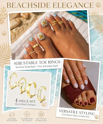4Pcs Toe Rings for Women Non Tarnish 14K Gold Filled Toe Ring Adjustable Flower CZ Band Wave Dainty Toe Ring Summer Beach Open Toe Rings Set Waterproof Toe Jewelry Foot Jewelry - color: Gold double row