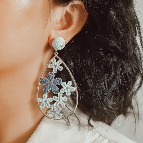 Boho Raffia Flower Teardrop Earrings Cute Colorful Dangle Trendy Jewelry | Floral Drop Statement Big Dangling Earring Hypoallergenic Gold Fun Unique Summer Spring Beach Vacation Outfits for Women - color: Blue