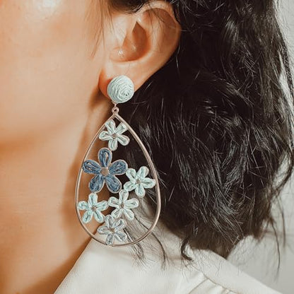 Boho Raffia Flower Teardrop Earrings Cute Colorful Dangle Trendy Jewelry | Floral Drop Statement Big Dangling Earring Hypoallergenic Gold Fun Unique Summer Spring Beach Vacation Outfits for Women - color: Blue