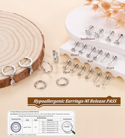 MJust 18 Pairs Earrings Set – Flat Back Stud Hypoallergenic 20G Steel stud | 18 Pairs Flat Back Earrings Set – Hypoallergenic 316L Steel Studs for Cartilage & Lobe Piercings - color: Silvery-11P