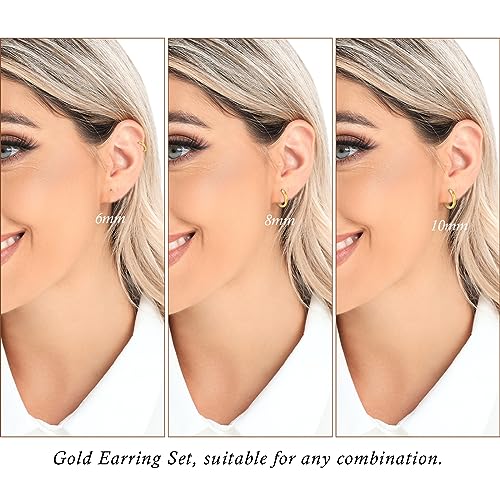 3 Pairs 925 Sterling Silver Small Huggie Hoop Earrings for Women Men | 14K White Gold Plated, Hypoallergenic, Small Silver Hoops - color: K-Gold 6/8/10mm