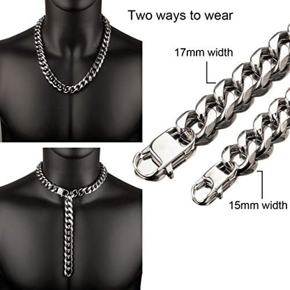Hip Hop Mens Choker Stainless Steel Miami Chain Curb Cuban Link Rapper Necklace Jewelry with Tail - style: 17mm width