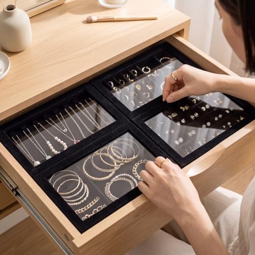 SiliFine Set of 4 Large Stackable Velvet Jewelry Trays with 4 Lids,Black - color: Black