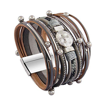 GelConnie Leather Wrap Bracelet Boho Cuff Bracelets Crystal Leather Bracelet Magnetic Multi Strand Bracelets Bohemian Bracelet Leather Wristbands Bangle Jewelry for Women Teen Wife Mother - color: leather bracelet