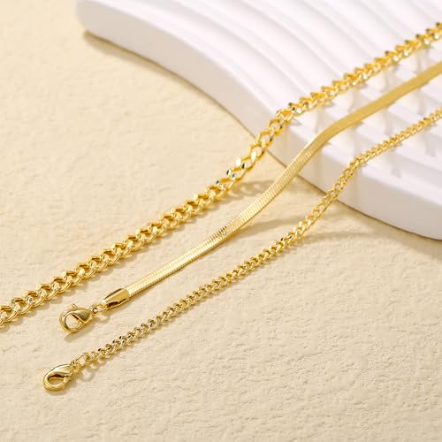 Plus Size Ankle Bracelets for Women - Extra Large 10"+2" Adjustable Anklet 14K Real Gold Plated Anklet Cuban Link, Figaro, Rope, Snake Herringbone - Summer Beach Waterproof Foot Jewelry - color: Curb, Chunky Curb,Snake