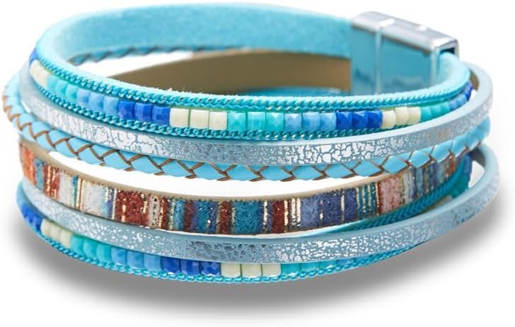 Women's Multi Layer Leather Wrap Bracelet String Bracelets for Women, Boho Braid Multi-Layer Crystal Beads Cuff Women Bracelet Jewelry - color: Light Blue