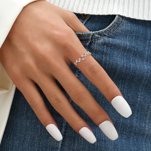 Gold Rings Non Tarnish Silver Adjustable Rings for Women Cubic Zirconia Leaf Ring Dainty Silver Stackable Ring for Women - style: purple
