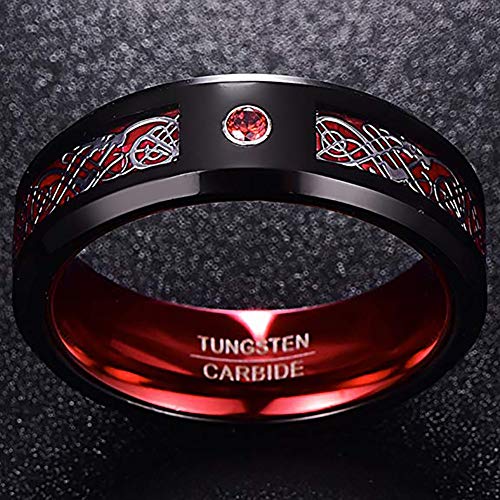 NUNCAD Men's Wedding Band 8mm Black Tungsten Carbide Ring Celtic Dragon Inlay Polished Finish Size 5-15 - color: A-Black & Red