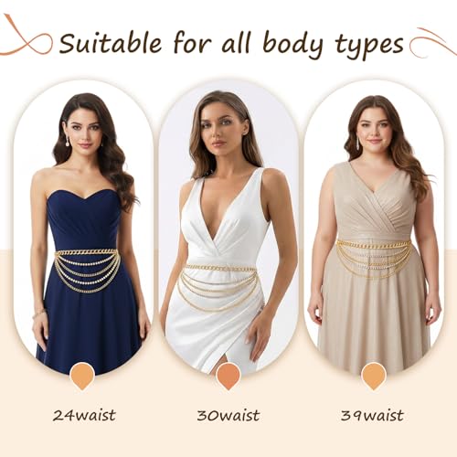Dimore Women Belts for Dresses Plus Size, Gold Chain Belt Adjustable Waist Chain, Multi Layer Metal Chain Belt for Dresses (Style Gold 02, 150CM(Fit Waist 39-51 in))