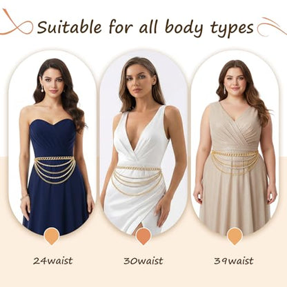 Dimore Women Belts for Dresses Plus Size, Gold Chain Belt Adjustable Waist Chain, Multi Layer Metal Chain Belt for Dresses (Style Gold 02, 150CM(Fit Waist 39-51 in))