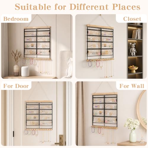 Hanging Jewelry Organizer 4-Tier Wall Earring Holder for Necklaces, Rings | Natural wood & solid metal wall jewelry rack , Dual earring grid slots & bottom hooks store earrings, bracelets