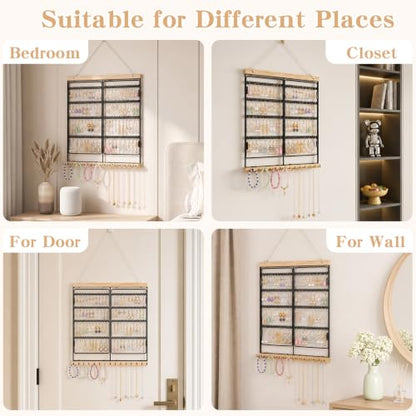 Hanging Jewelry Organizer 4-Tier Wall Earring Holder for Necklaces, Rings | Natural wood & solid metal wall jewelry rack , Dual earring grid slots & bottom hooks store earrings, bracelets