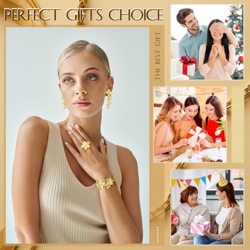 Misdary 3 Pcs Jewelry Gifts Set Bracelets Earrings Ring Cuff Bangle for Women Wedding Birthday Gifts - color: Gold, style: Floral