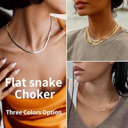 ChainsHouse Flat Snake Chain Herringbone Choker Necklace for Women, Stainless Steel/Rose Gold/18K Gold Plated Dainty Adjustable Simple Short Layered Necklaces, 12"/15"/18" with 3.5" Extender - color: a. rose gold-5mm