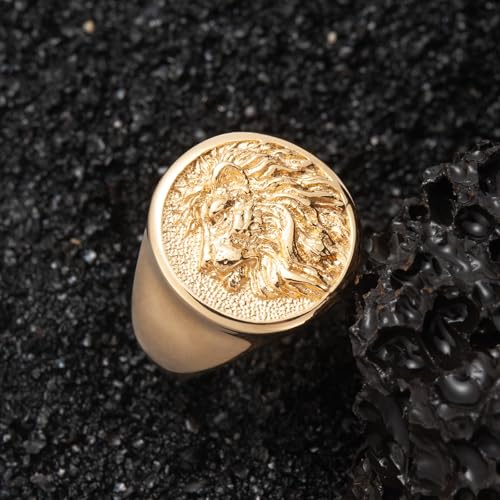 Mens Signet Ring Stainless Steel Lion Eagle Head Statement Rings Jewelry for Men Size 8/9/10/11/12/13 - style: Gold Tone Lion