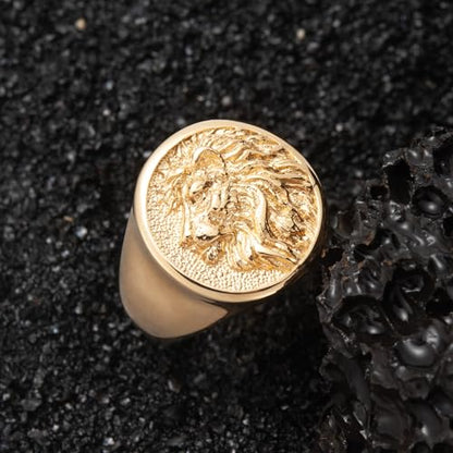 Mens Signet Ring Stainless Steel Lion Eagle Head Statement Rings Jewelry for Men Size 8/9/10/11/12/13 - style: Gold Tone Lion