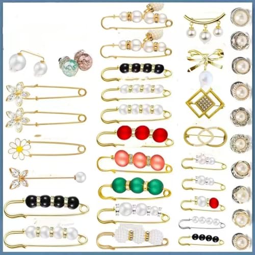 38 Pieces Pearl Brooch Pins Set, Scarf Ring Clips and Sweater Shawl Safety Pins and with Cover up Buttons Pins for Women T-Shirt Dress