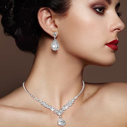 Jexine 6 Sets Silver Jewelry Set for Women Wedding Silver Crystal Rhinestone Necklace Earrings Bracelet for Bride Bridal Bridesmaid - style: Elegant Style